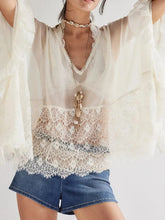 Women's Boho Sheer Lace Blouse with Bell Sleeves